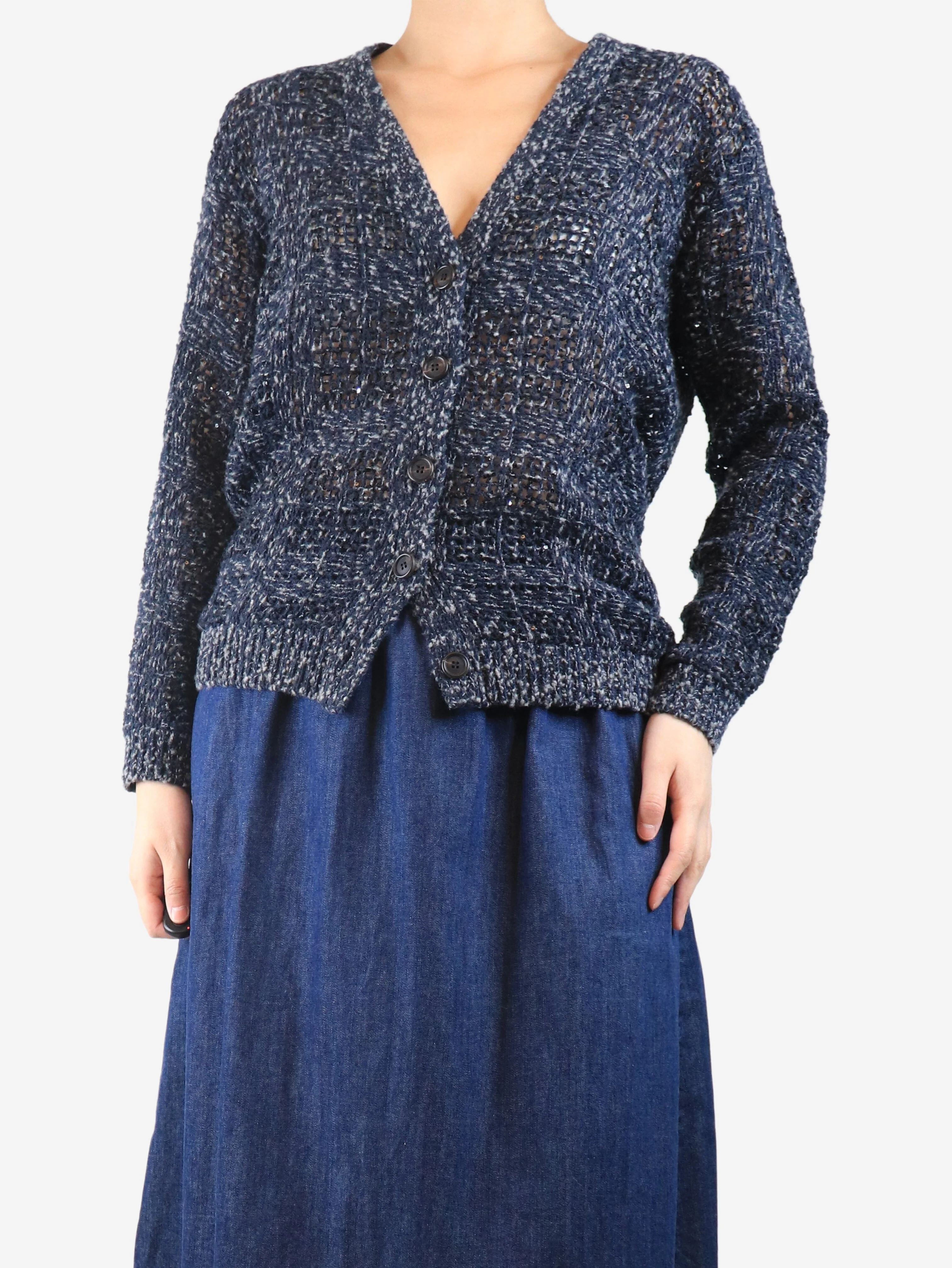 Navy blue and grey cashmere loose-knit cardigan - size UK 10 - Image 3